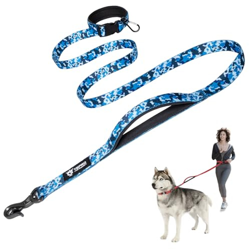 TSPRO Laisse Main Libre Chien Réglable Laisse Chien avec Poignée Rembourrée de Sécurité à Contrôle et Fermoir Métallique Durable pour Marche et Course pour Moyens et Grands Chiens (Camo Bleu)