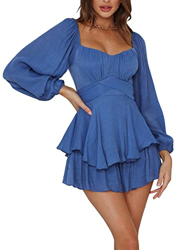 Women Puff Sleeve Square Neck Romper Dress Off Shoulder Ruffle Shorts Smocked Layered Flowy A Line MiniBeach Swing Dress Sundress (C-Blue, M)