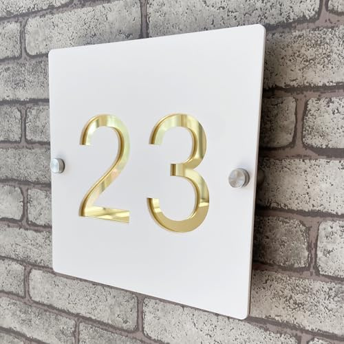 Targa numero civico personalizzata in acrilico 3D bicolore (bianco e oro), numeri galleggianti con direzione per interni ed esterni, perfetta per case, hotel, appartamenti e negozi