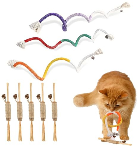 FainFun 8 Pcs Giocattolo da Masticare per Gatti, 3 Corda Giocattolo da Masticare e 5 Bastoncini Erba Gatta per Gatti, Giocattolo Interattivo per Eliminare Alitosi, Tartaro e Allevia Stress del Gatto