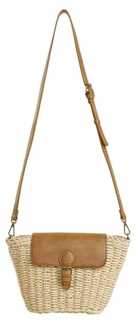 HuiYStar Sac à bandoulière en paille élégant pour femme avec rabat en cuir PU, bandoulière réglable, sac à bandoulière tressé pour plage, voyage et utilisation quotidienne, beige