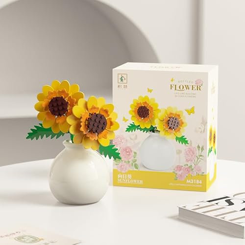 Mini Flowers Building Block Set with Vase - Creative Bouquet Plants Building Blocks Flowerpot for Home Office Décor, Botanical Collection Birthday Gifts for Kids Adults (Sunflower)