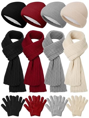Geyoga 12 Pcs Kids Knitted Winter Hat Gloves Scarf Set for 5-8 Boys Girls Toddler Beanies Mittens Neck Warmer Scarf(Trend)