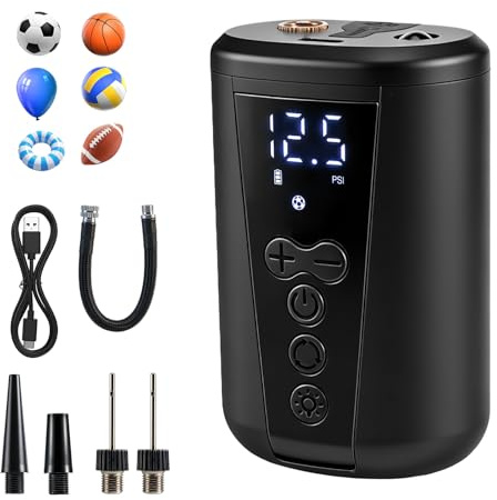 Pompa A Sfera Elettrica, Pompa ad aria portatile Pompa a sfera Gonfiatore Rapido con manometro preciso, display LCD digitale, Luce LED, 2-15 PSI, 2000mAh, 2 Aghi per Calcio Basket Pallavolo Rugby