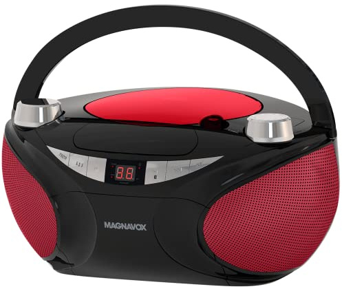Magnavox MD6949 Portable Top Loading CD Boombox with AM/FM Stereo Radio and Bluetooth Wireless Technology in Black | CD-R/CD-RW Compatible | LED Display | (Black/Red)