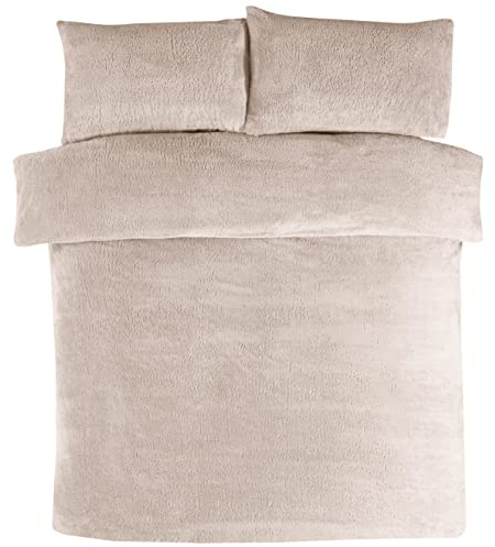 Sleepdown Teddy Fleece Duvet Cover Quilt Bedding Set with Pillow Cases Thermal Warm Cosy Super Soft - King - Natural Ivory