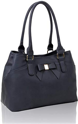 Women's Elegant Soft PU Leather Top-Handle Multi-Compartment Fashion Handbag Shoulder Tote Shopper Hobo Bag With Bow Detail(Navy)