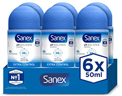 Sanex Dermo Extra Control Desodorante Roll-On, Pack 6 Uds x 50 ml, Desodorante Antitranspirante, hasta 48H de Protección Contra el Sudor y el Olor, Restaura el pH Natural de la Piel