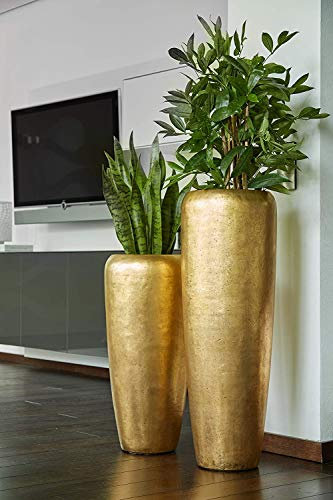 Edle & Hochwertige Pflanzvase / Pflanzkübel - Fiberglas - Mit Einsatz – Indoor – Metallic / Metallisch Blumenkübel / Pflanzgefäß / Vase / Kübel (Medium: 100cm, Gold)
