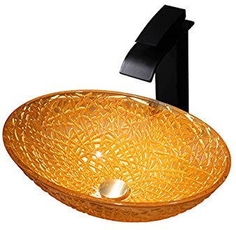LWX Badezimmer-Aufsatzwaschbecken, Ovales Glaswaschbecken-Set, Für Zuhause, Hotel, Restaurant,Orange 5 Accessories