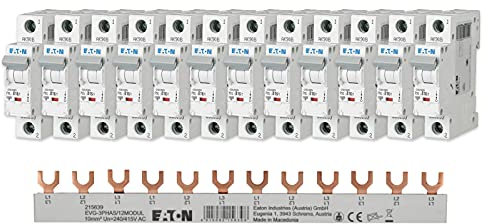 Eaton Set 12x LS-Schalter 1-polig PXL-B16 236033 + 1x Sammelschiene EVG-3PHAS/12MODUL 215639