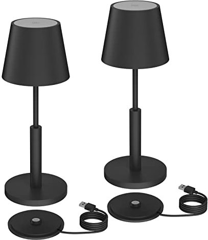 Klighten 2 Stück Akku Tischlampe LED Dimmbare kabellos Innen/Aussen Touch Schalter IP54 Wasserdicht, Tragbare Nachttisch Restaurant Tischleuchte mit Ladestation, Warmes Licht 3000K,Schwarz