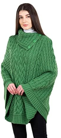 SAOL Poncho con bottoni a collo a cappuccio in lana merino 100% per le signore, Verde, Large-X-Large