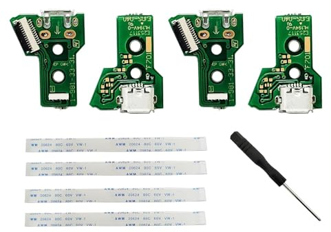 Carte d'interface 4 PCS JdS - 040 et câble ruban 12 broches compatible avec le port de charge de remplacement du Contrôleur sans fil PS4 Pro / PS4 Slim