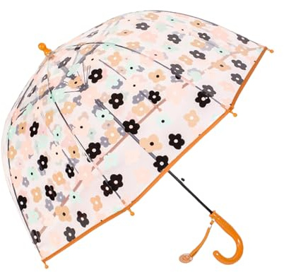 Meichoon Ombrello per bambini, con motivo floreale colorato, trasparente, 70 cm, a cupola autoaperto, facile da impugnare per ragazzi e ragazze, marrone, Piccolo