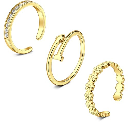 WillTen 2-4 st guld silver tåring rostfritt stål justerbar böj öppen tå ring, blomma pil blad vanlig tunn CZ tonåring finger svansring sommar strand fot smyckesset för kvinnor män