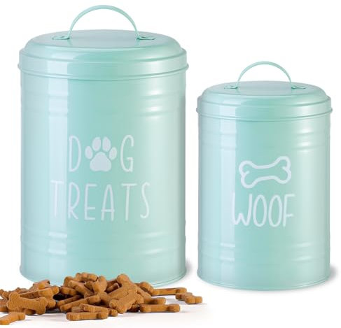 NIXBYO Rustic Decorative Dog Treat Container Airtight Set of 2 - 9x5.5''&7x4'' Metal Dog Cookie Jar for Kitchen Counter, Green Pet Treat Storage Container