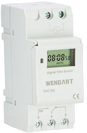 Wengart Minuterie numérique THC15A,AC230V 16A, programmable hebdomadaire, jusqu'à 28 Groupes activés et désactivés, Montage sur Rail, Sortie de Commutation sans potentiel