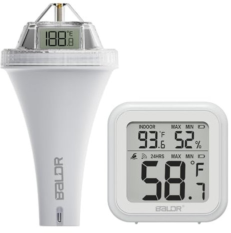 BALDR Pool Thermometer, 360 Grad Halbkugelgehäuse IP68, Vertikale LCD Anzeige, Schwimmend, Leicht Ablesbar, Kabelloses Pool Thermometer, Wasserdichtes Digitales Schwimmendes Wasserthermometer