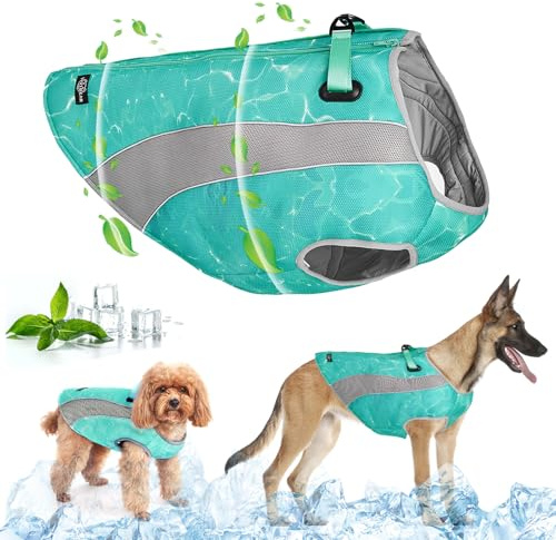 Chaleco de Enfriamiento para Perros con Arnés, Chaqueta Refrescante para Cachorros al Aire Libre con Cremallera Ajustable, Abrigo de Caza Reflectante y a Prueba de Sol para Mascotas (Verde, S)
