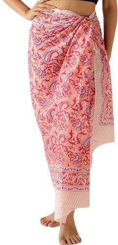 THE ART BOX Paréo 100% Coton pour Femme, imprimé Main Indienne, paréo, Cache-Maillot de Bain Long (185,4 x 109,2 cm), Rouge Corail, Taille Unique