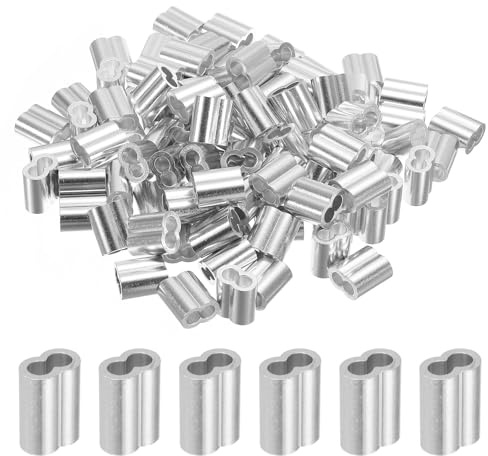 sourcing map 3/16 5mm Aluminum Crimping Loop Sleeve Double Ferrule for Wire Rope Cable Line End, Silver 100pcs