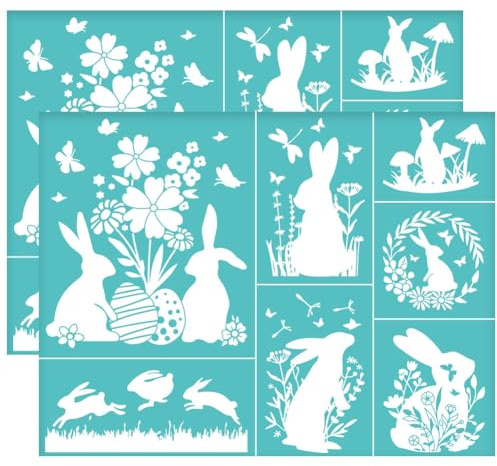 OLYCRAFT 2Pcs Pochoir Autocollant en Maille pour Impression Sérigraphique de Lapin de Pâques 28x22cm Réutilisable pour Transfert de Motifs de Lapin pour Peinture Sur Tissu T Shirt DIY