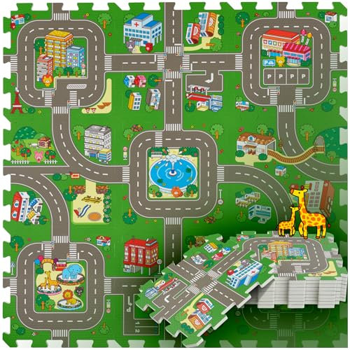tectake® Puzzlematte Baby XXL, EVA Matte, Spieldecke Baby Junge, Mädchen, Teppichfliese Schaumstoff Matten Stadt und Straßen, für Auto Spiel, sensorische Matte, Spielzeugteppich, Bodenschutzmatte Baby