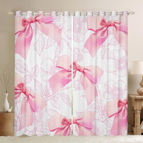 Cortinas con lazo rosa brillante para ventanas, cortinas de lazo de princesa para sala de estar, dormitorio, flores de cuento de hadas acuarela, pajarita 30% -50%, cortinas opacas de 2 paneles, 66 x