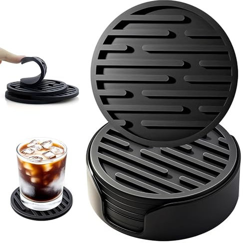 Ateweita Sottobicchieri Set, sotto bicchieri silicone con supporto, Rotondo antiscivolo tappetino bar per Tazza, Tavolo, Caffè, Bar, Bevande, Drinking Coasters Cup Mat, 6 Pezzi, Nero