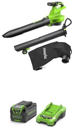 Greenworks 40V Aspirateur Souffleur sans Fil de Feuilles à Batterie avec Moteur sans Balais,370km/h, 4.17m³/Min, Sac pour Mulching de 45L, 4Ah Batteries et Chargeur, Garantie 3 Ans