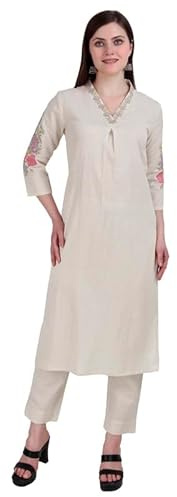 Ladyline Conjunto de pantalones Kurta de algodón de 2 piezas para mujer | Kurta bordada con pantalones a juego | Conjunto de túnica Kurti tradicional étnico versátil | Traje Salwar Kameez, Marfil, 66