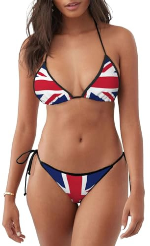 British Flag Print Two Piece Thong Bikini Sets for Women,Halter Bikini with Adjustable Straps Black