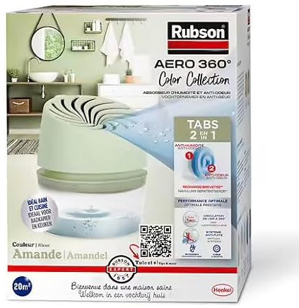 Rubson Absorbeur d'Humidité Aero 360° Couleur Amande (1 Appareil +1 Recharge de 450g) -Absorbeur Anti-humidité pour pièce jusqu'à 20 m² - Déshumidificateur d'air, Elimine les odeurs et anti-moisissure