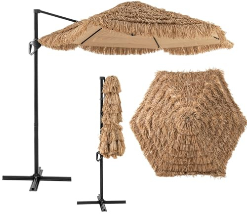 KOMFOTTEU Sombrilla Hawaiana Ø270 cm, Sombrilla de Playa de Paja PP con Manivela y Base en Cruz, Parasol Grande para Patio, Piscina, Jardín