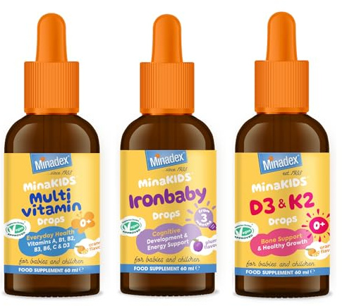 Minadex® MinaKids 3 Pack Bundle (60 ml x 3) | Multivitamin + Ironbaby + D3+K2 Drops | Liquid Supplements for Kids & Children | Immunity, Energy & Bone Support | Sugar-Free | Vegan | Natural Flavours