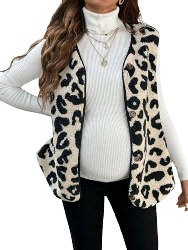 GORGLITTER Dam gravida västar teddyjacka ärmlös leopard väst jacka lätt teddy fleecejacka med knappar höstoutfit, kaki, L