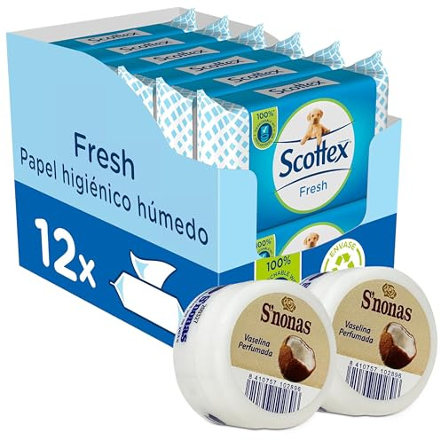 Scottex Papel Higiénico Húmedo Fresh (12 paquetes x 74 servicios) + Vaselina Snonas Coco (2 unidades)
