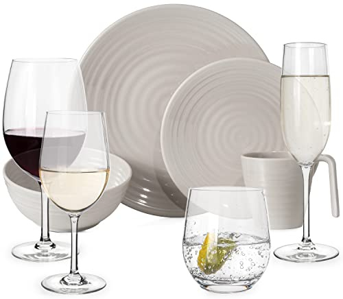 Melamin campingservis för 4 personer Kaffe design, 16 delar + 16 Tiamo-glas, vattenglas, vinglas, champagne-glas, servis, picknick, BBQ, köksporslin