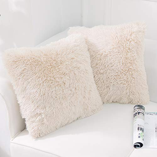 NordECO HOME 2er Set kissenbezüge 45x45 cm Kissen Beige Künstlich Pelz Fellkissen Dekorative Deko Kissen Kuschelkissen Flauschig Sofakissen Weich Plüschkissen für Sofa