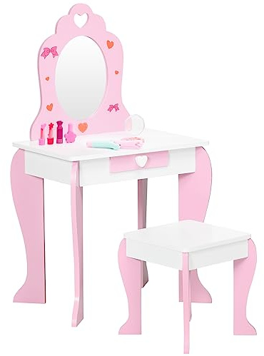 ZONEKIZ Set Tavolo Trucco con Sgabello e Specchio e Cassetto in Legno MDF per Bambini da 3-6 Anni, Bianco e Rosa
