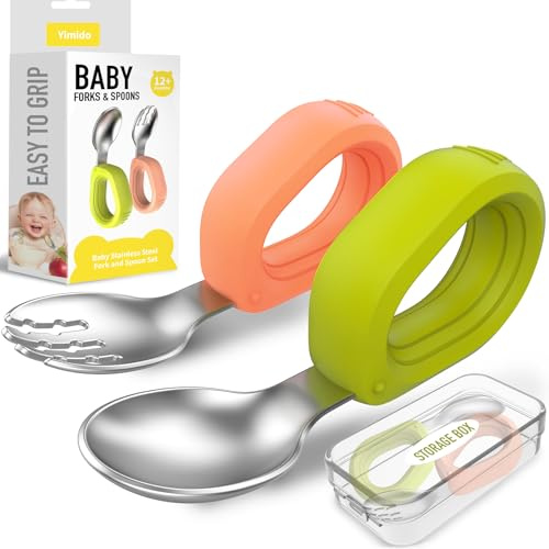 Yimido Toddler Utensils - Baby Forks and Spoons Set - Kids Stainless Steel Silverware - Children Safe - Self Feeding - Dishwasher Safe (Orange + Green)