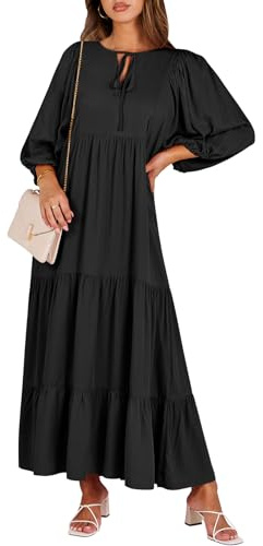 ANRABESS Womens Boho Maxi Dresses 2026 Summer V Neck Puff Sleeve Floral Flowy Swing Fall Casual Long Dress Black Large