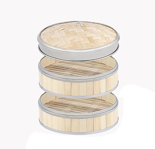 Luminexia Vaporera Bambu con Bandas de Acero Inoxidable,Vaporera de bambú de 2 Niveles con Tapa para cocinar al Vapor,Ideal para Dim Sum,Verduras,Carne y Pescado. Hecho a Mano,9 tamaños