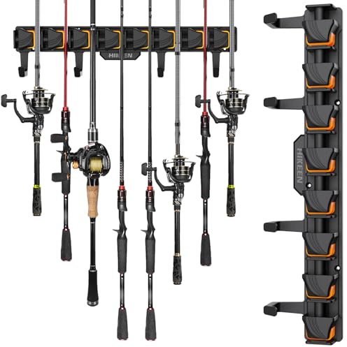 Fishing Rod Holders, Wall Mounted Fishing Rod Rack, Fishing Pole Holder Holds Up to 8 Rods or Combos, Fishing Rod Holders for Garage with 4 Hooks, Fits Most Rods of Diameter 3-24mm(1Pack)