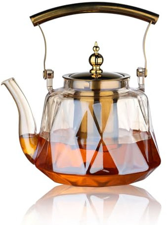 FIYSON Teekanne mit Siebeinsatz,1L,Glas Teekocher mit abnehmbarem Teesieb,Tea Pot Modern Hitzebeständig, Teekanne mit Kupfergriff,für Losen Tee Oder Beutel Teeglas,für Herd,Elektroherd (Bronze)