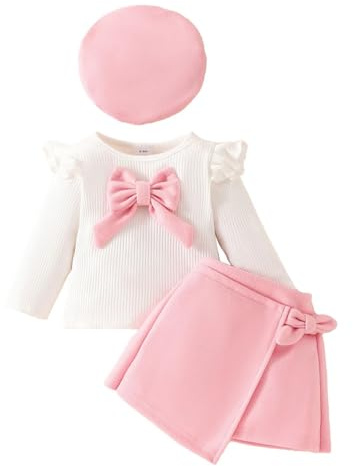 LUVCES Conjunto Falda para Niña Manga Larga Pajarita Punto con Volantes Tops + Elegante Minifalda + Boina 3Pcs Trajes Ropa para Otoño Invierno Rosa 12-18 Meses
