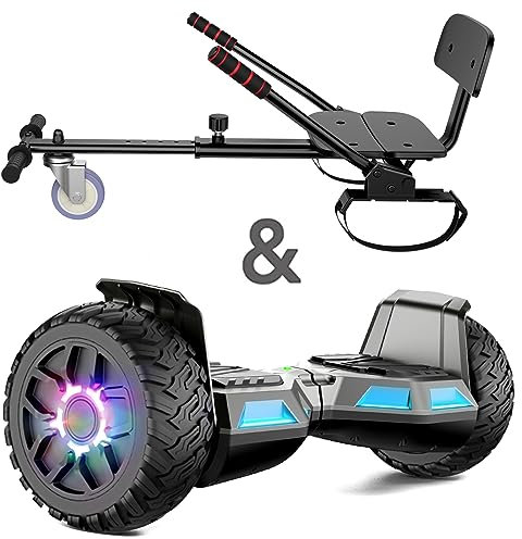 Hoverboard mit Sitzbefestigung, 8.5Zoll Self Balancing Scooters Go Kart mit Bluetooth und LED Lichtern, Gun+Black