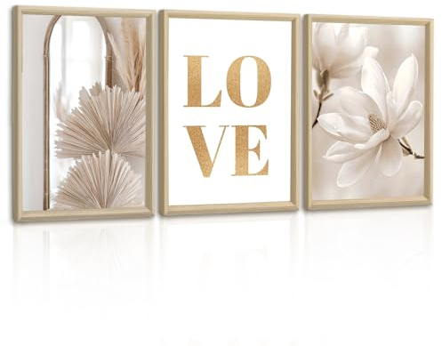 3 Pcs Quadri Moderni Boho Beige Bianco Love Magnolia Stampa su Tela Con Cornice, Quadro Nordico Fiori Stampe Da Parete Minimalismo Pianta Pittura Decorazioni Per Soggiorno Camera da letto 30x40cmx3