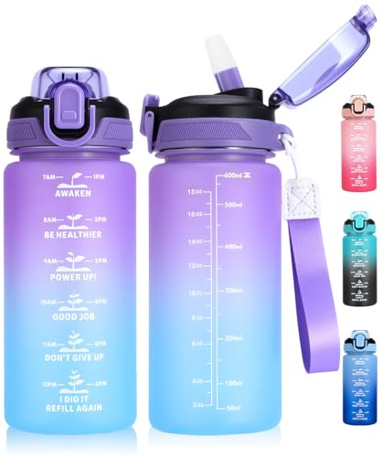 SUPPRUI Water Bottle With Straw, 600ml Drink Bottle for School, Leakproof BPA-Free Tritan Motivational Drink Bottles (Purple Blue)